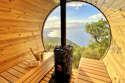 Luxury panorama barrel sauna for 6 (↔9ft) + glass wall + terrace + wood-burning stove