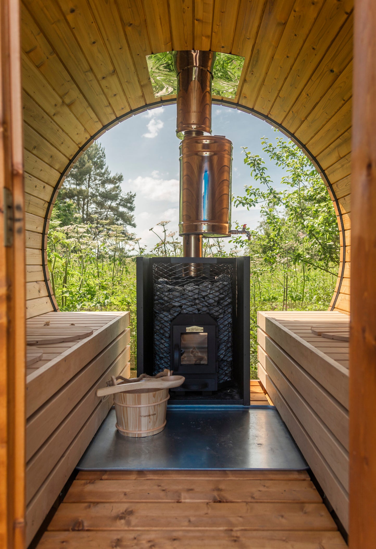 Luxury panorama barrel sauna for 6 (↔9ft) + glass wall + terrace + wood-burning stove