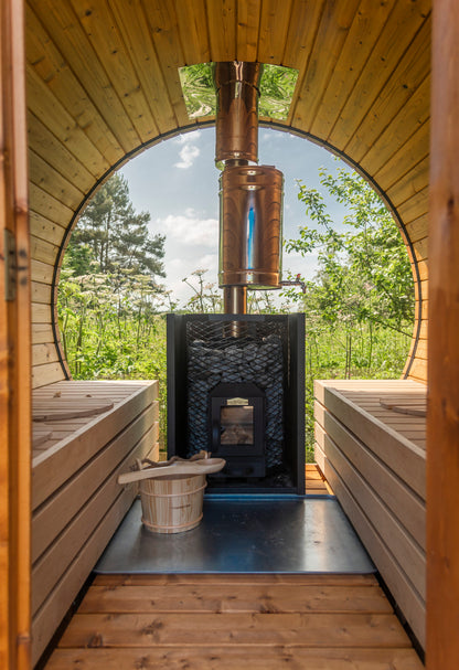 Luxury panorama barrel sauna for 6 (↔9ft) + glass wall + terrace + wood-burning stove