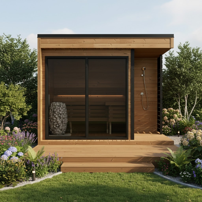SaunaSupply AAPO Thermowood Outdoor Sauna & Shower (with roofing material) - 4 Person