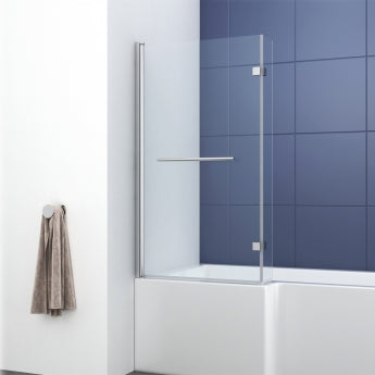 Delphi Pride Chrome L-Shaped Hinged Bath Screen With Towel Rail 1400mm H x 828mm W