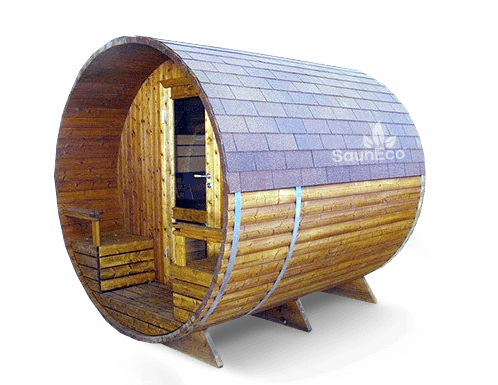 Barrel Saunas thermowood barrel hotel lodge with terrace, exterior view