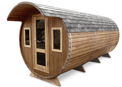 Three room barrel sauna with electric heater, exterior view