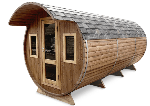 Three room barrel sauna with steam room, washroom and restroom, exterior view