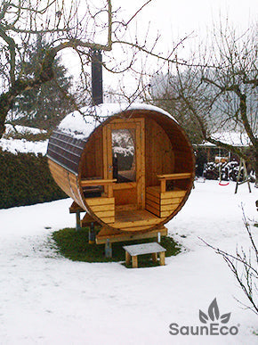 Barrel Saunas – Thermowood Barrel Sauna with Terrace (9ft) for 6 | Log-Fired Heater
