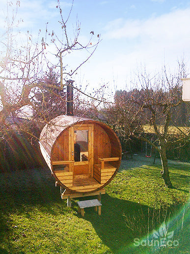 Barrel Saunas – Compact Barrel Sauna (9ft) for 6 | Terrace & Log-Fired Heater