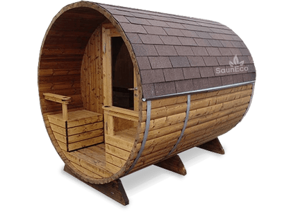 Quick-heat electric barrel sauna with terrace, exterior view