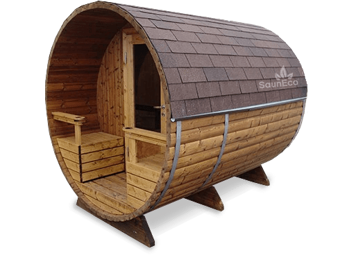 Barrel Saunas thermowood barrel sauna with terrace, exterior view