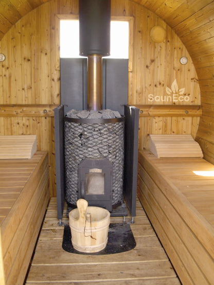 Compact barrel sauna terrace seating for 6 people