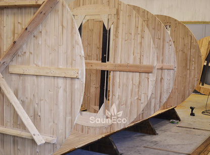 Outdoor Three Room Wooden Barrel Sauna For 6 (↔18.5ft) + Electric Heater + Thermowood