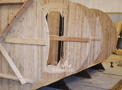 Barrel Saunas – Three Room Barrel Sauna (18.5ft) for 6 | Steam Room, Washroom & Electric Heater