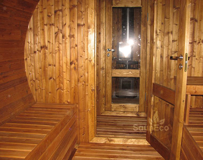 Barrel Saunas – Three Room Barrel Sauna (18.5ft) for 6 | Steam Room, Washroom & Electric Heater