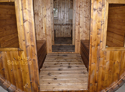 Barrel Saunas – Three Room Barrel Sauna (18.5ft) for 6 | Steam Room, Washroom & Wood-Fired Heater