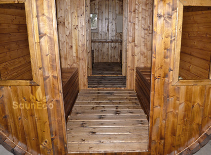 Outdoor Three Room Wooden Barrel Sauna For 6 (↔18.5ft) + Electric Heater + Thermowood