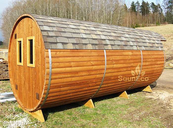 Barrel Saunas – Three Room Barrel Sauna (18.5ft) for 6 | Steam Room, Washroom & Electric Heater