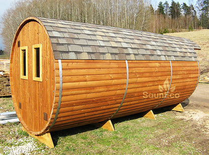 Barrel Saunas – Three Room Barrel Sauna (18.5ft) for 6 | Steam Room, Washroom & Electric Heater