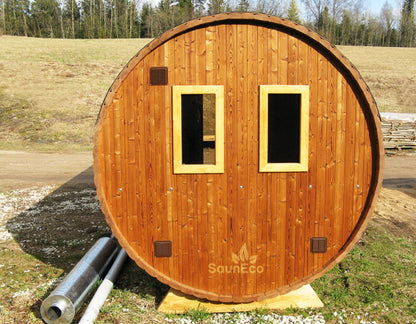Barrel Saunas – Three Room Barrel Sauna (18.5ft) for 6 | Steam Room, Washroom & Wood-Fired Heater