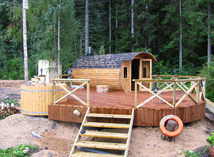 Barrel Saunas – Three Room Barrel Sauna (18.5ft) for 6 | Steam Room, Washroom & Wood-Fired Heater