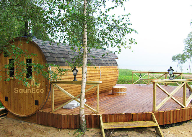 Three room barrel sauna washroom section