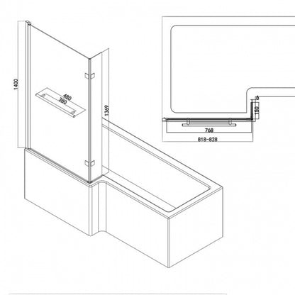 Delphi Pride Chrome L-Shaped Hinged Bath Screen With Towel Rail 1400mm H x 828mm W