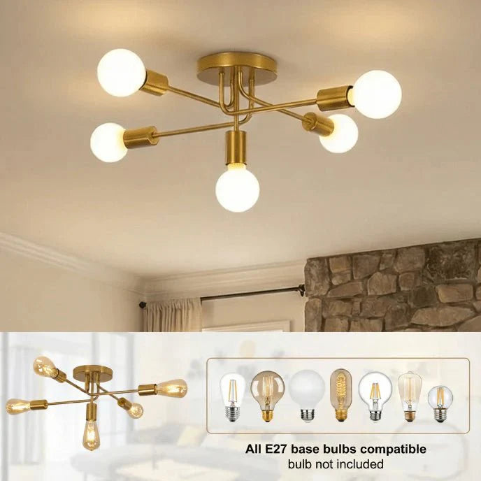 Golden Starburst Branch Chandelier – 5‑Light E27 Ceiling Light