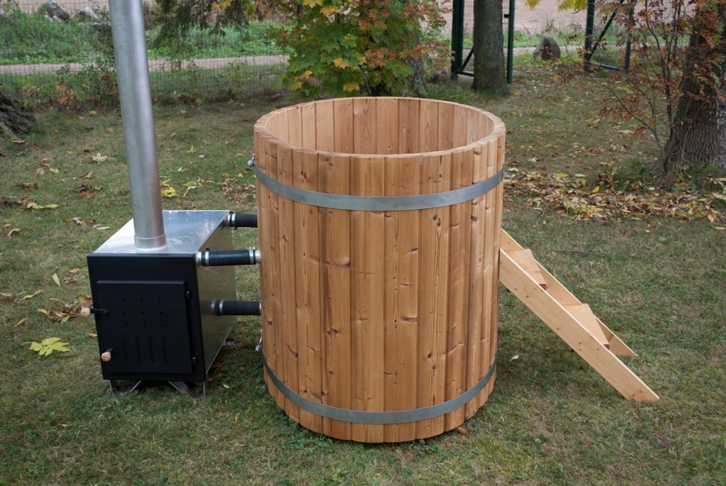 2-person Ø4.2ft Wooden Hot Tub Spa + External Woodburning Stove