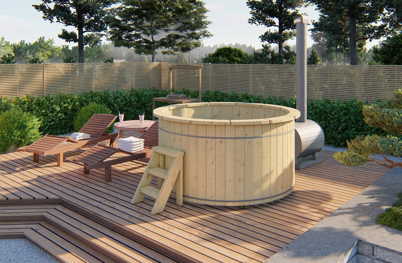 Barrel hot tub with external wood burning heater – Ø 2m