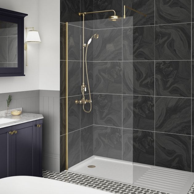 Nuie Minimal Brushed Brass 1850mm Wet Room Glass Shower Screen
