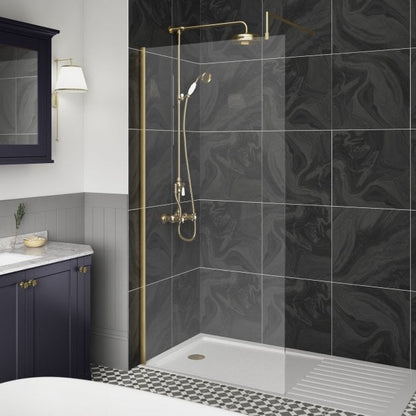 Nuie Minimal Brushed Brass 1850mm Wet Room Glass Shower Screen