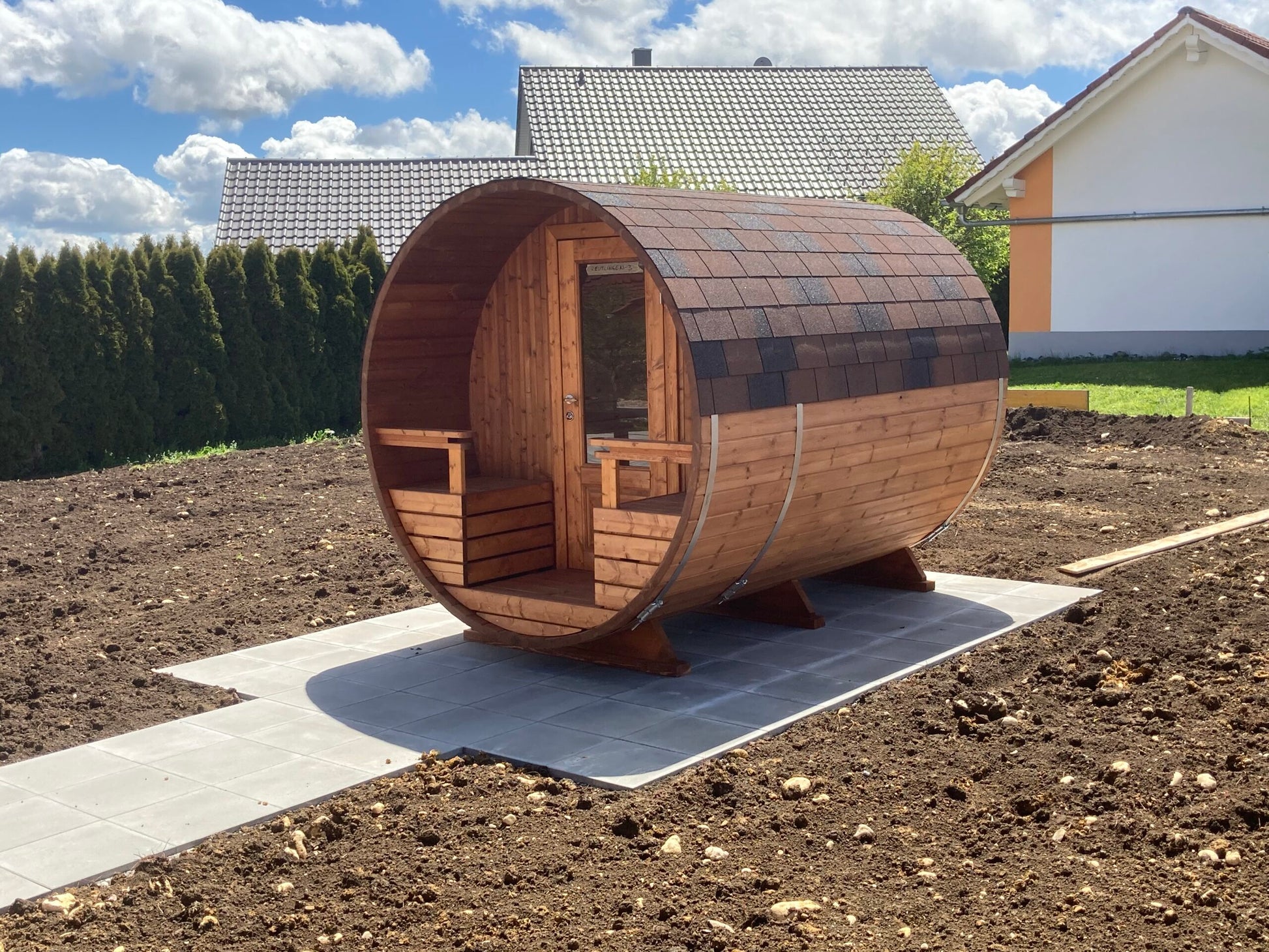 Luxury panorama barrel sauna for 6 (↔9ft) + glass wall + terrace + wood-burning stove