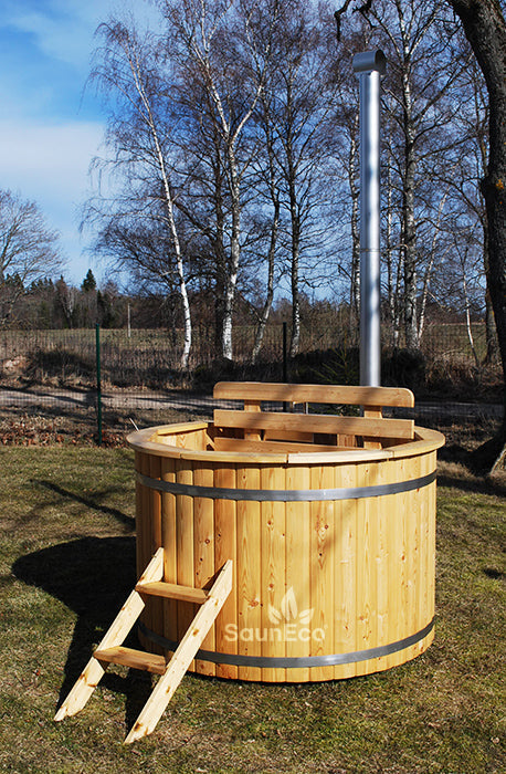 Barrel Saunas Mini Larch Hot Tub chimney and steel bands