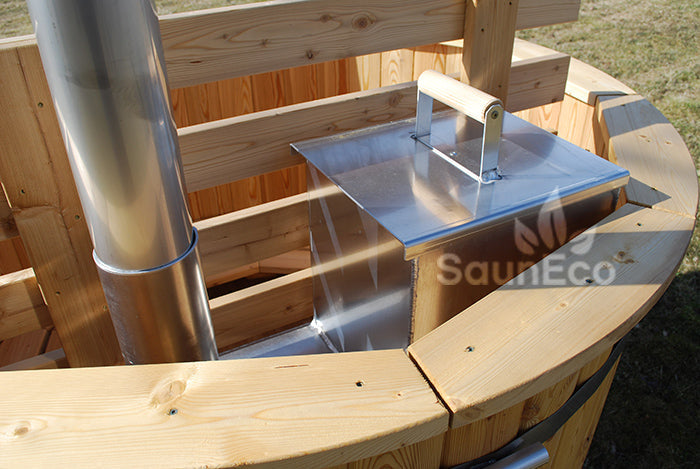 People soaking in Barrel Saunas Mini Larch Wood Hot Tub Spa outdoors