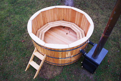 Large wooden hot tub side view showing larch wood construction
