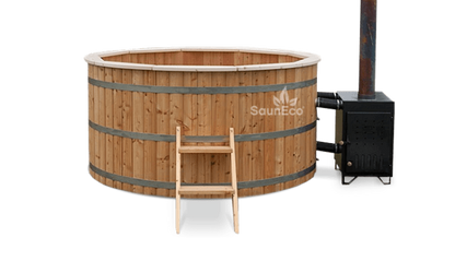 Large larch wood hot tub, exterior view
