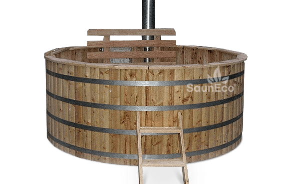 XXL round wooden hot tub, exterior view