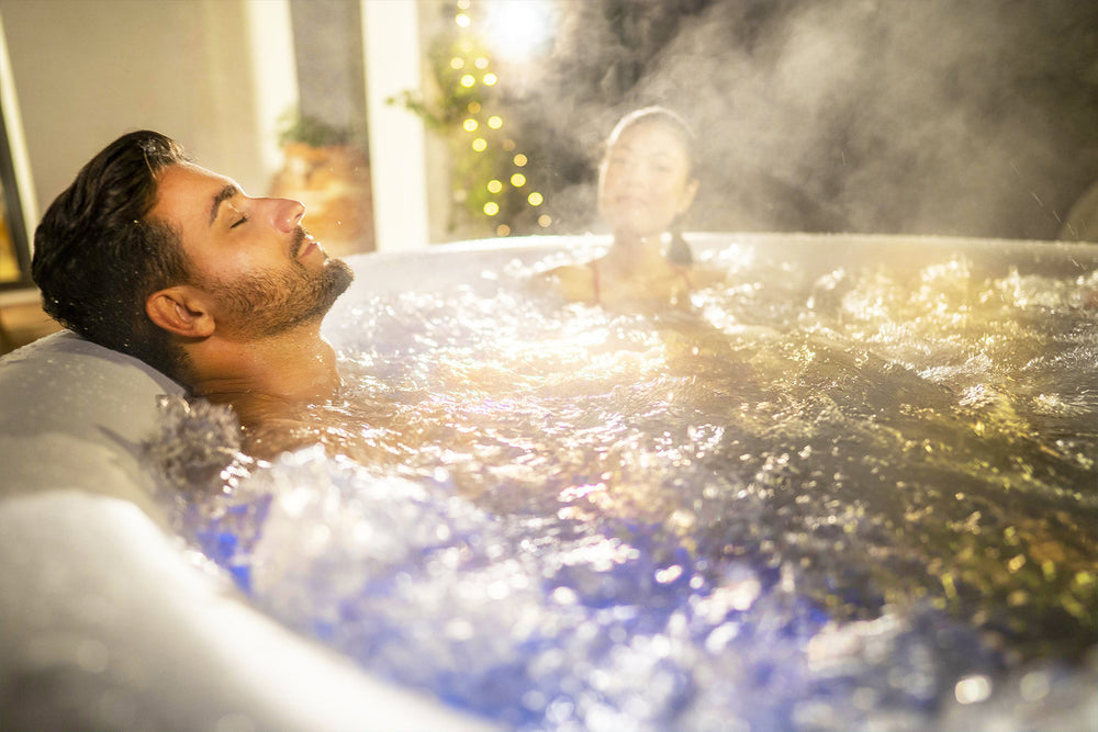 Lay-Z-Spa Paris inflatable hot tub in backyard