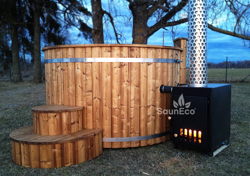Log fired whirlpool + bubble jet system + Led + thermally modified wood + for 6 people + 2 meter (6.56 ft)