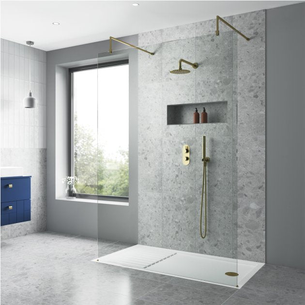 Nuie Minimal Brushed Brass 1850mm Wet Room Glass Shower Screen