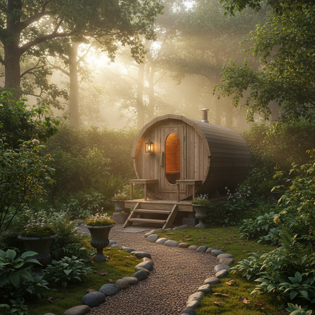 Outdoor Barrel Sauna in English Garden