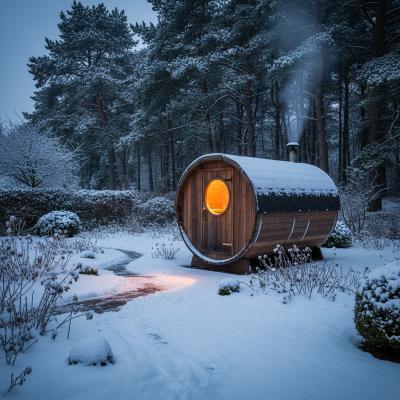 Outdoor Barrel Sauna in Winter Garden