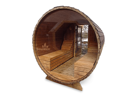 Panorama glass wall barrel sauna with terrace, exterior view