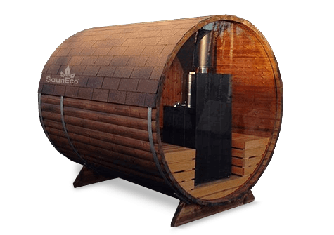 Barrel Saunas panorama barrel sauna lodge with glass wall and terrace, exterior view