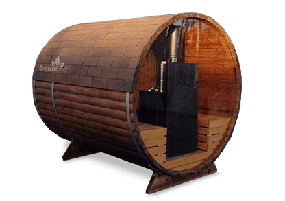 Barrel Saunas panorama barrel sauna lodge with glass wall and terrace, exterior view