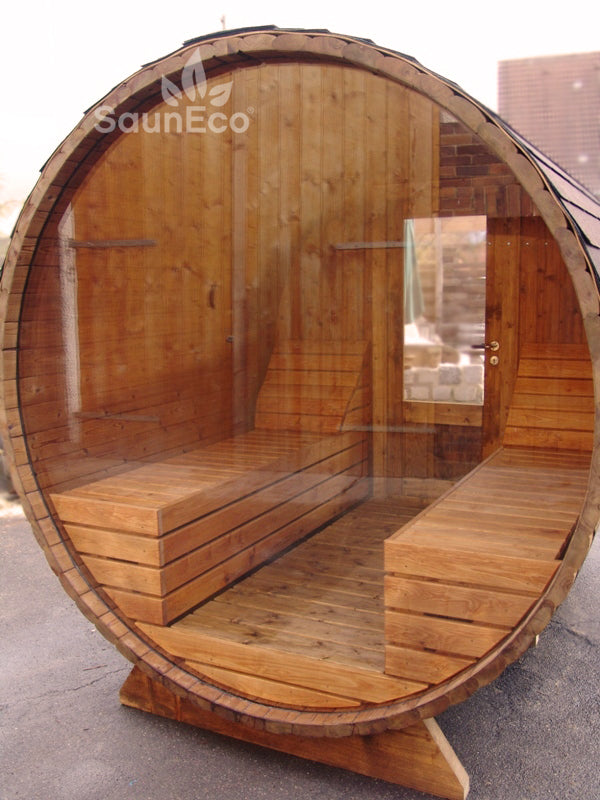 Barrel Saunas – Panorama Barrel Sauna Lodge (9ft) for 6 | Glass Wall, Terrace & Electric Heater