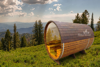 Barrel Saunas – Panorama Glass Wall Barrel Sauna (9ft) for 6 | Terrace & Electric Heater