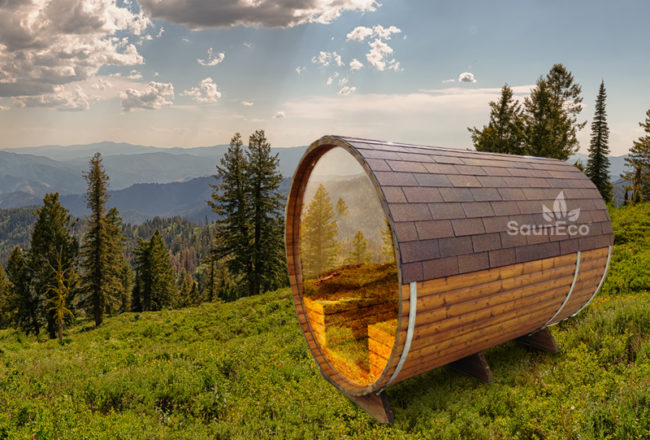 Panorama barrel sauna glass wall interior with log-fired heater
