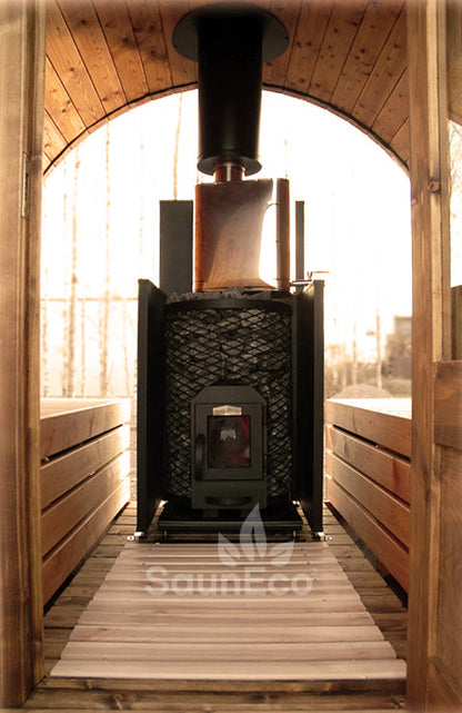 Panorama barrel sauna glass wall close-up showing thermowood construction