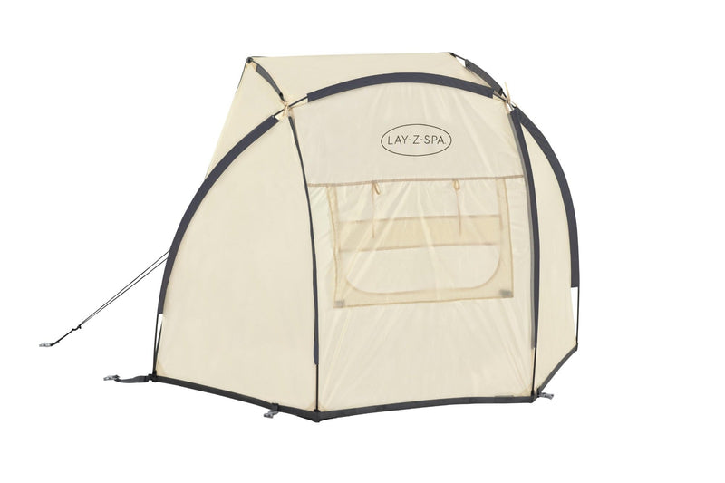 Round hot tub with canopy attached outdoors