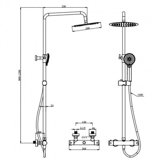 Prestige Plan Thermostatic Bar Shower with Ultra Slim Stainless Shower Drencher and Sliding Handset