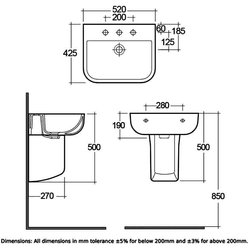 RAK Series 600 Basin and Semi Pedestal 520mm Wide - 1 Tap Hole